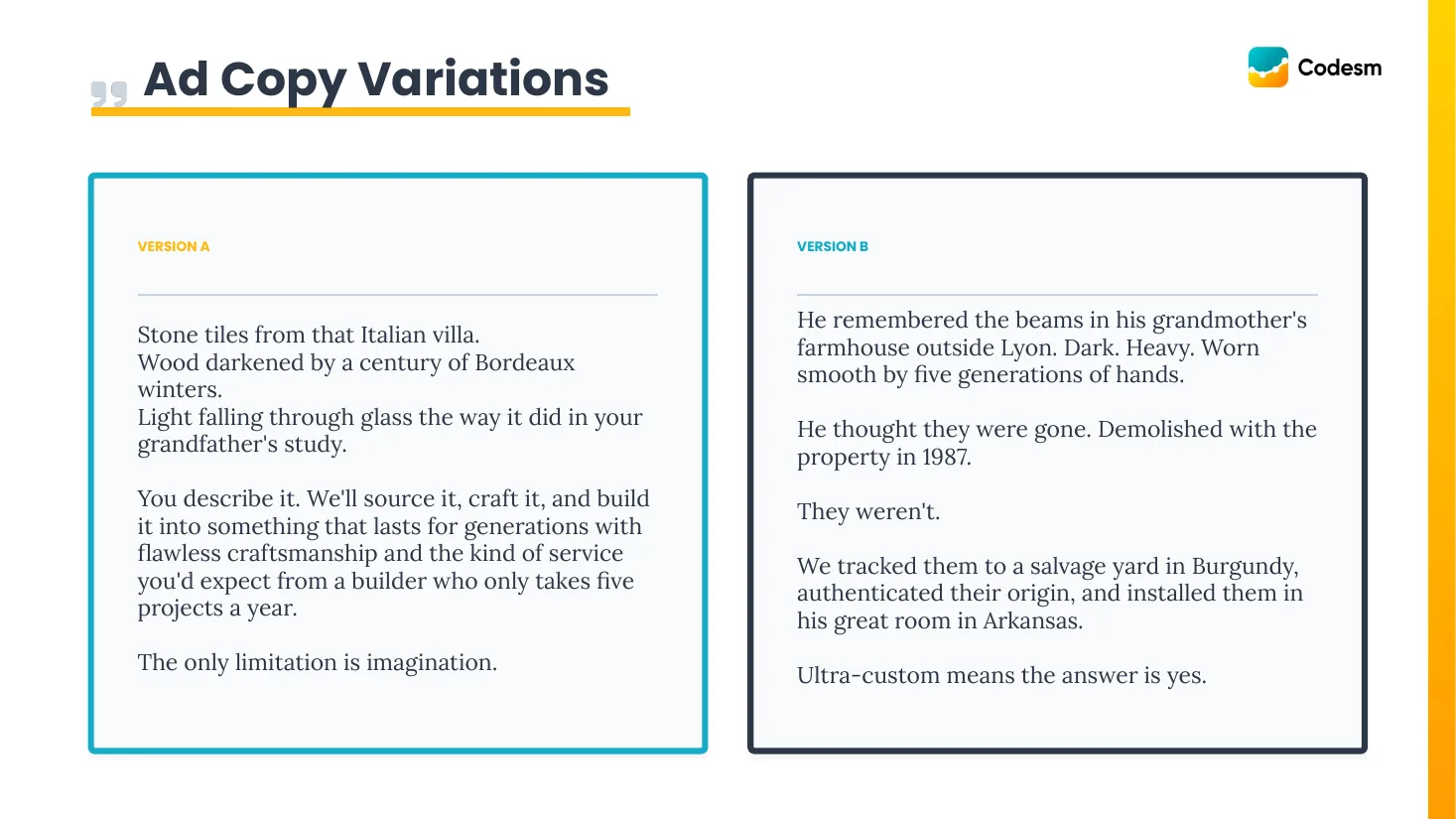 Proposal page: ad copy variations